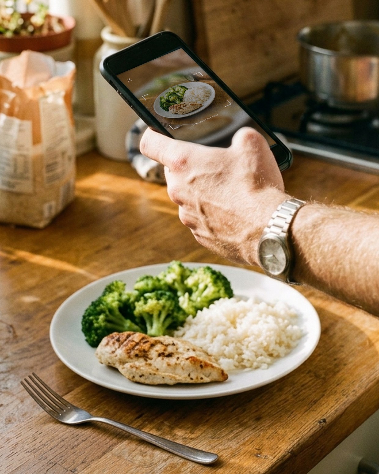 A man in his kitchen holding his phone over a plate of chicken, rice and broccoli; Attu's camera is framing the meal, with the hint 'Fit the whole meal in frame' below the brackets.