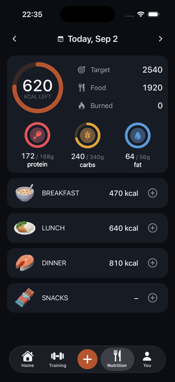 The Nutrition tab: calories remaining and the three macro rings.